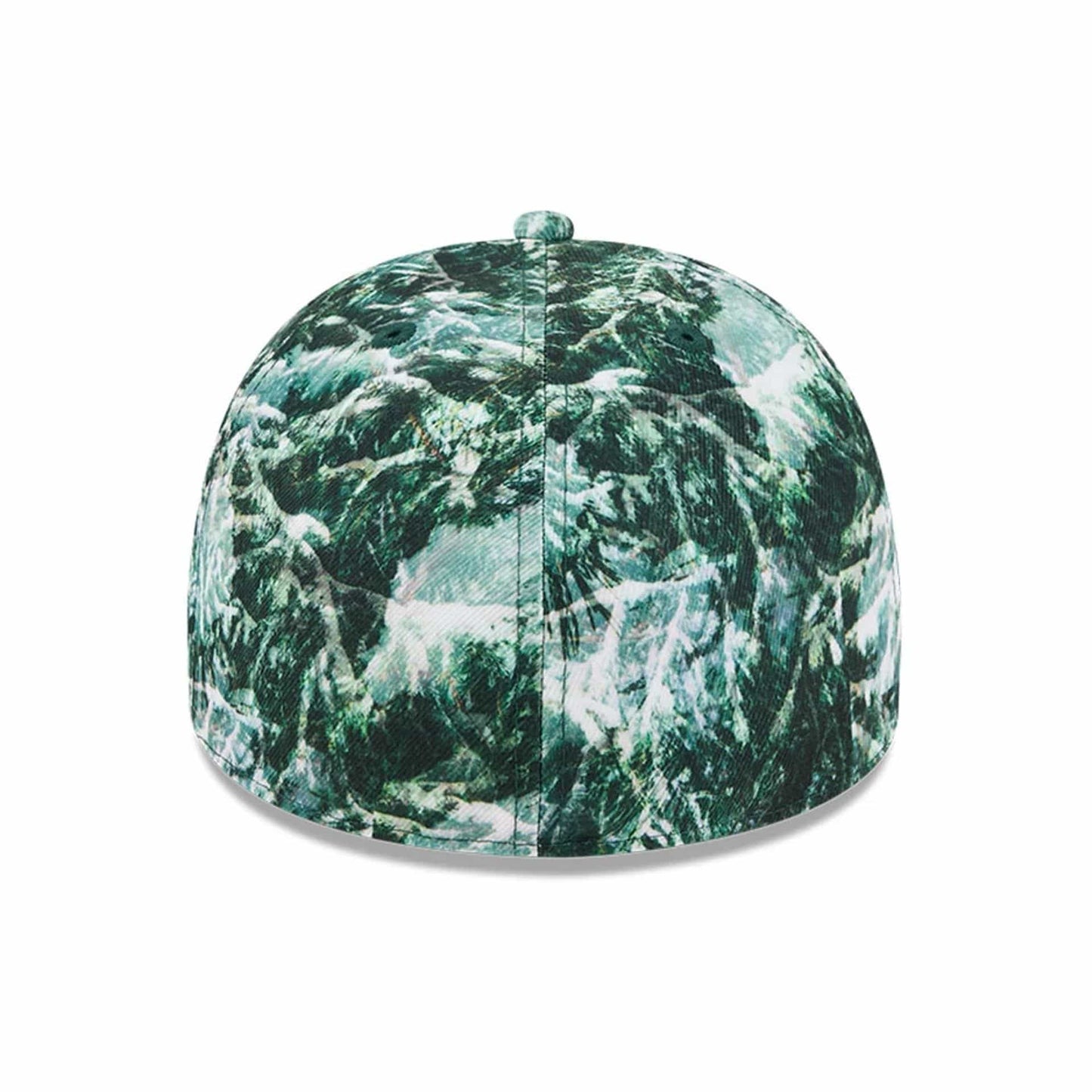 New Era Holiday Essentials Dark Green 59FIFTY A-Frame Fitted Cap, rear view showing an intricate dark green and white marbled pattern covering the entire back of the structured crown, with a top button above.