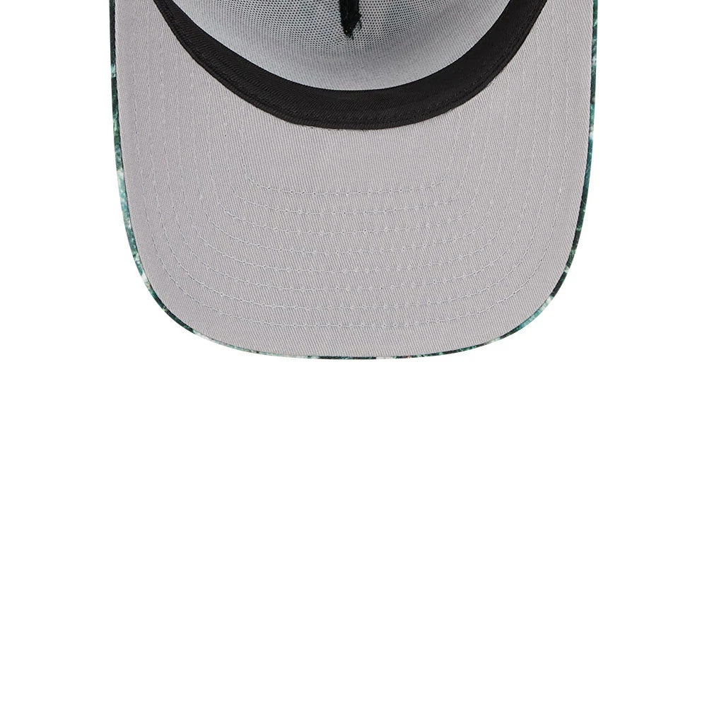 New Era Holiday Essentials Dark Green 59FIFTY A-Frame Fitted Cap, inside view showing the grey undervisor, black sweatband and black interior taping with stitching along the seams.