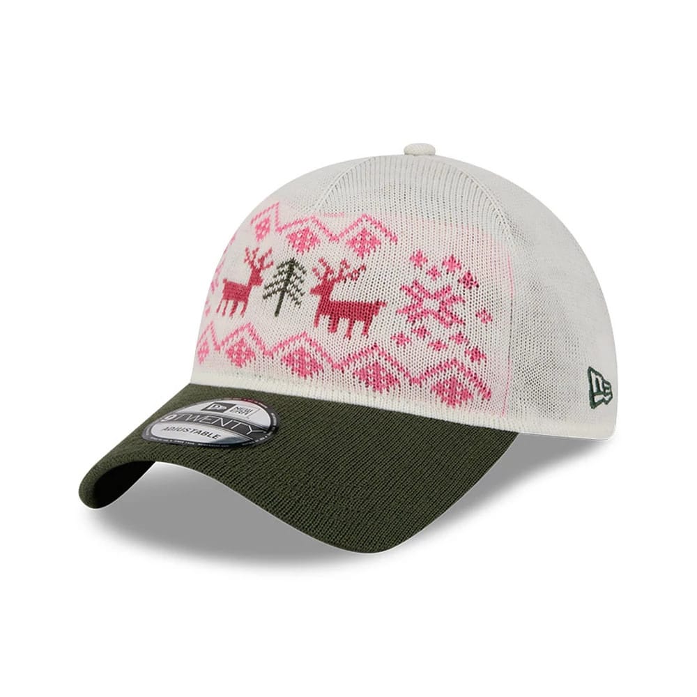 New Era Holiday Essentials White 9TWENTY Adjustable Cap, three-quarter view with a pink and green festive knitted pattern on the white crown, an olive green visor with a 9TWENTY size sticker, and a New Era flag logo on the left side.