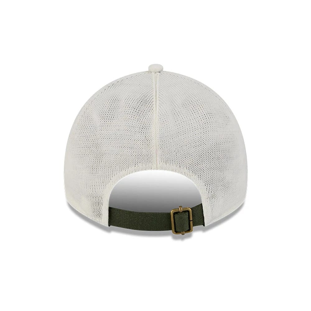 New Era Holiday Essentials White 9TWENTY Adjustable Cap, rear view showing a dark green adjustable strap with a buckle at the back, highlighting the unstructured white mesh crown with a matching top button.