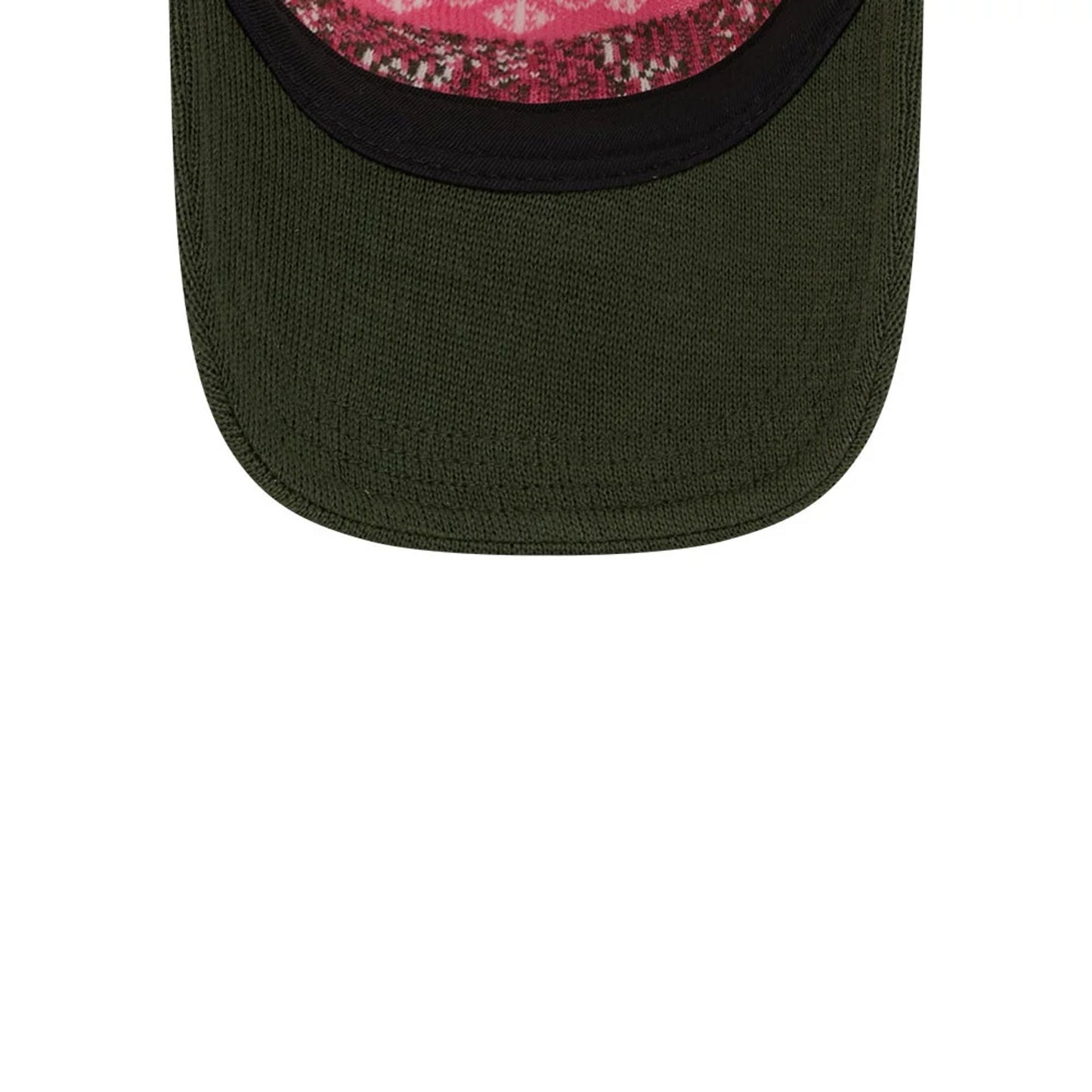 New Era Holiday Essentials White 9TWENTY Adjustable Cap, inside view showing a pink and black patterned sweatband with a green curved visor and black undervisor, highlighting the intricate internal design details.