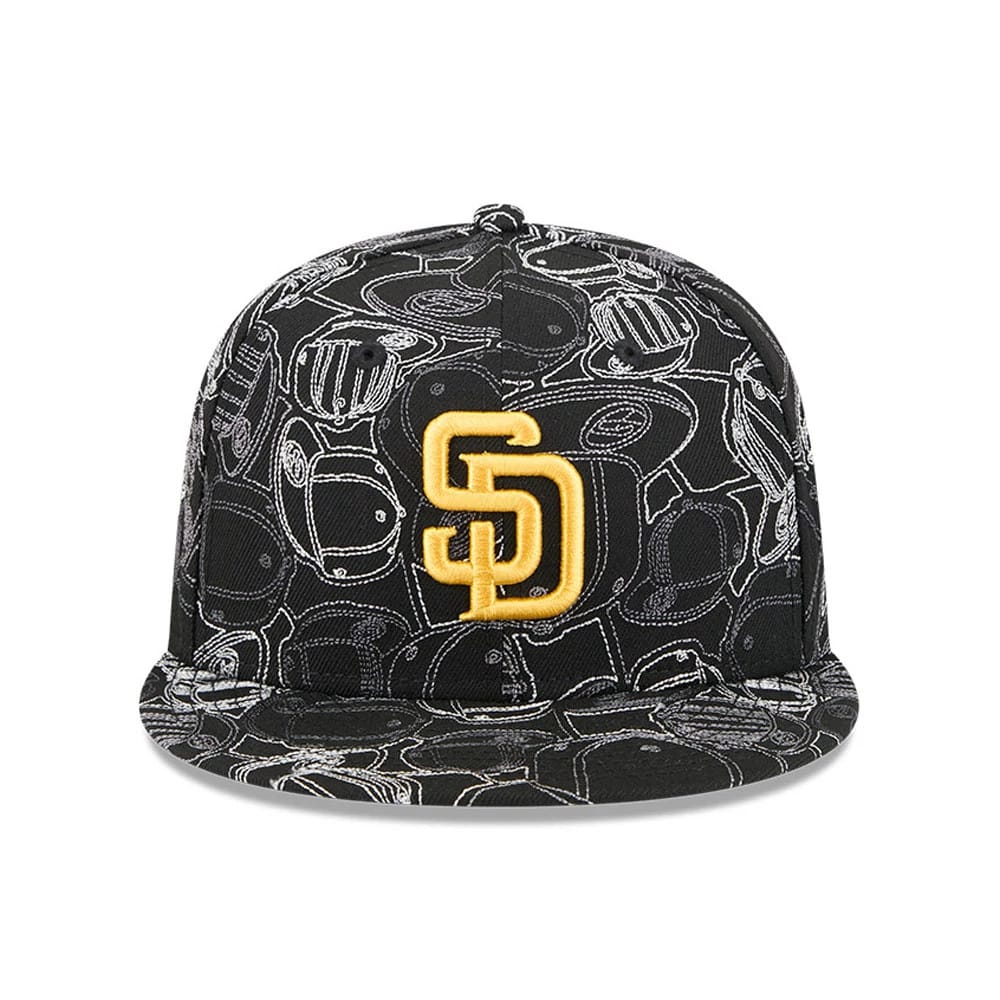 San Diego Padres MLB Cap Scramble Black New Era 59FIFTY Fitted Cap, front view showing the raised yellow SD logo on a black crown with an intricate white cap pattern and a matching flat visor.