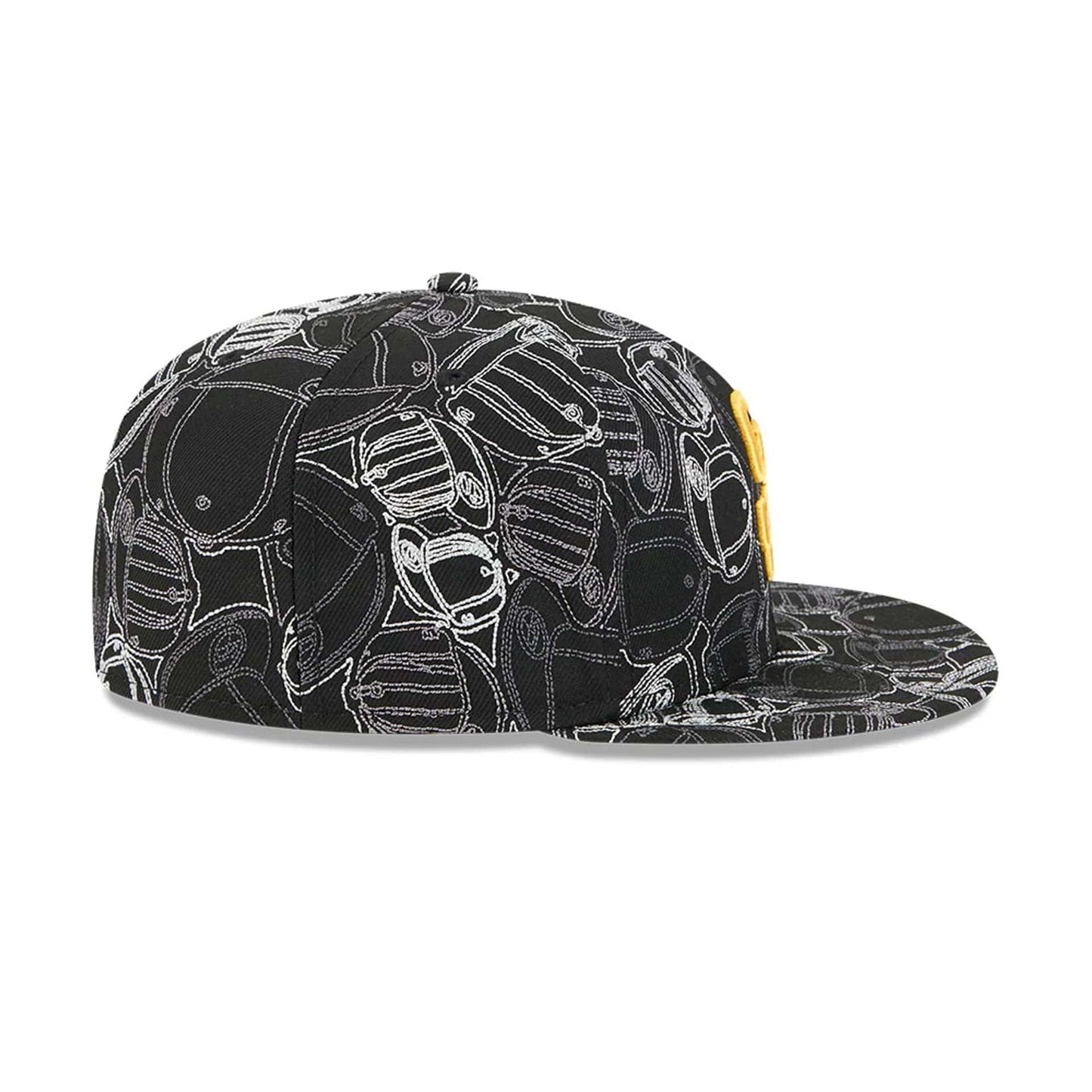 San Diego Padres MLB Cap Scramble Black New Era 59FIFTY Fitted Cap, side view showing white sketch-style cap graphics on the black crown and visor, with a slightly curved structured visor and a pop of gold from the front logo embroidery.