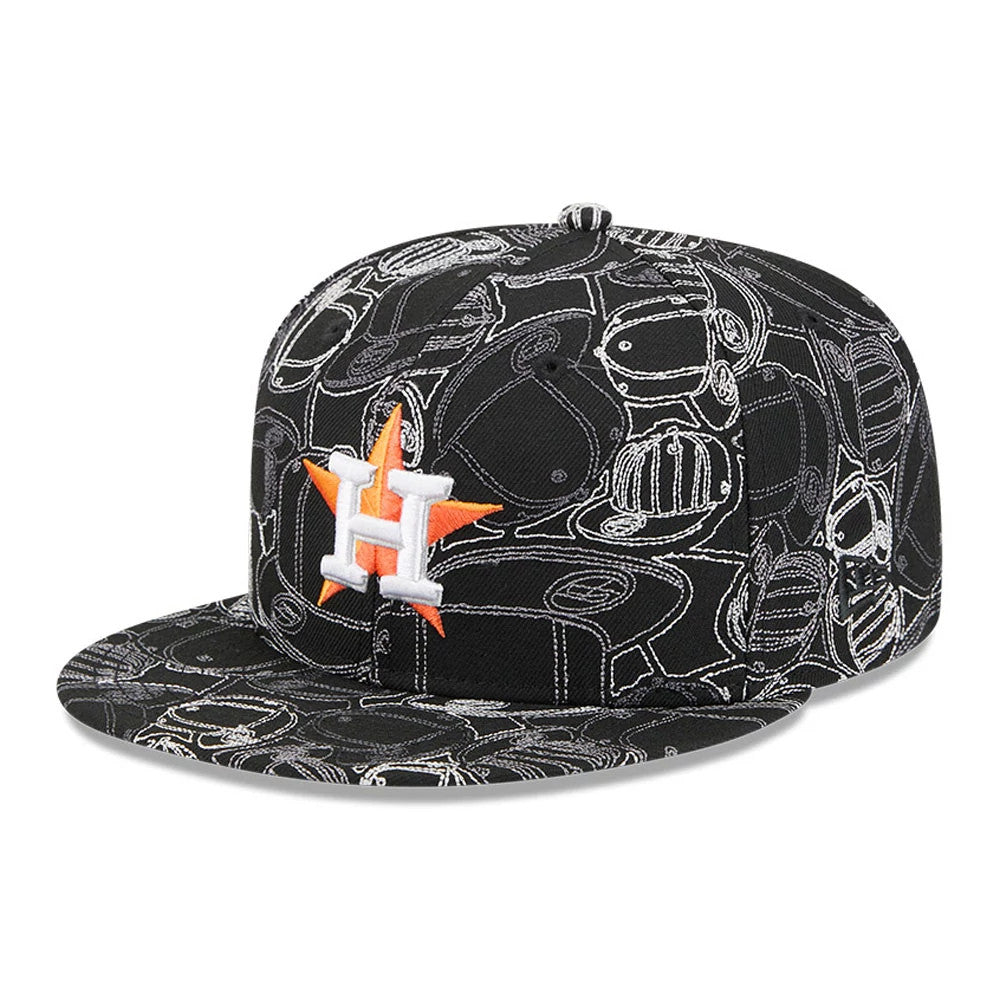 Houston Astros MLB Cap Scramble Black New Era 59FIFTY Fitted Cap, three-quarter view showing a white and orange embroidered Astros logo on the front panel, with an intricate outline pattern covering the black crown and visor.