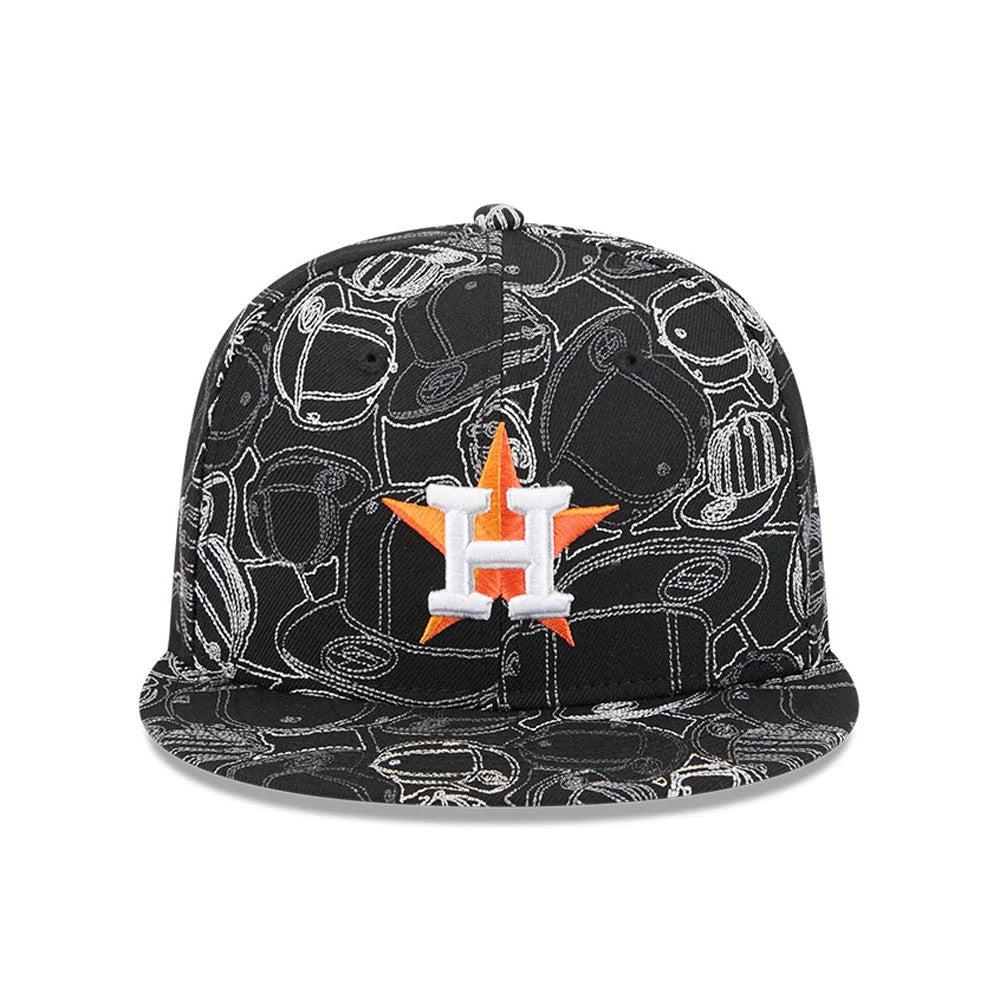 Houston Astros MLB Cap Scramble Black New Era 59FIFTY Fitted Cap, front view showing the raised white and orange embroidered logo on the front panel, detailed with a black and white cap motif pattern covering the entire crown and visor.