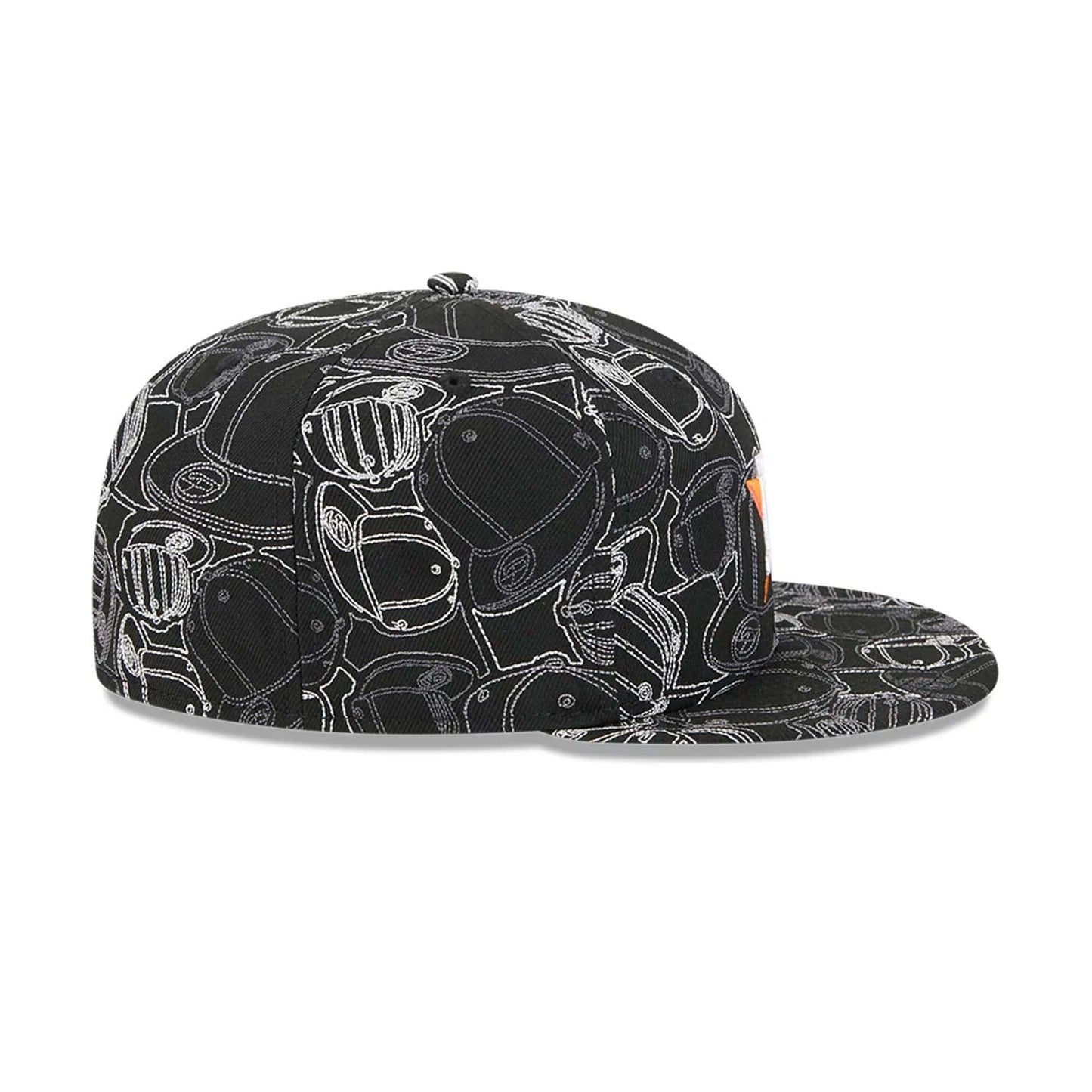 Houston Astros MLB Cap Scramble Black New Era 59FIFTY Fitted Cap, side view showing intricate cap graphic patterns in white embroidery on the black crown and visor, with the New Era flag logo on the left side.