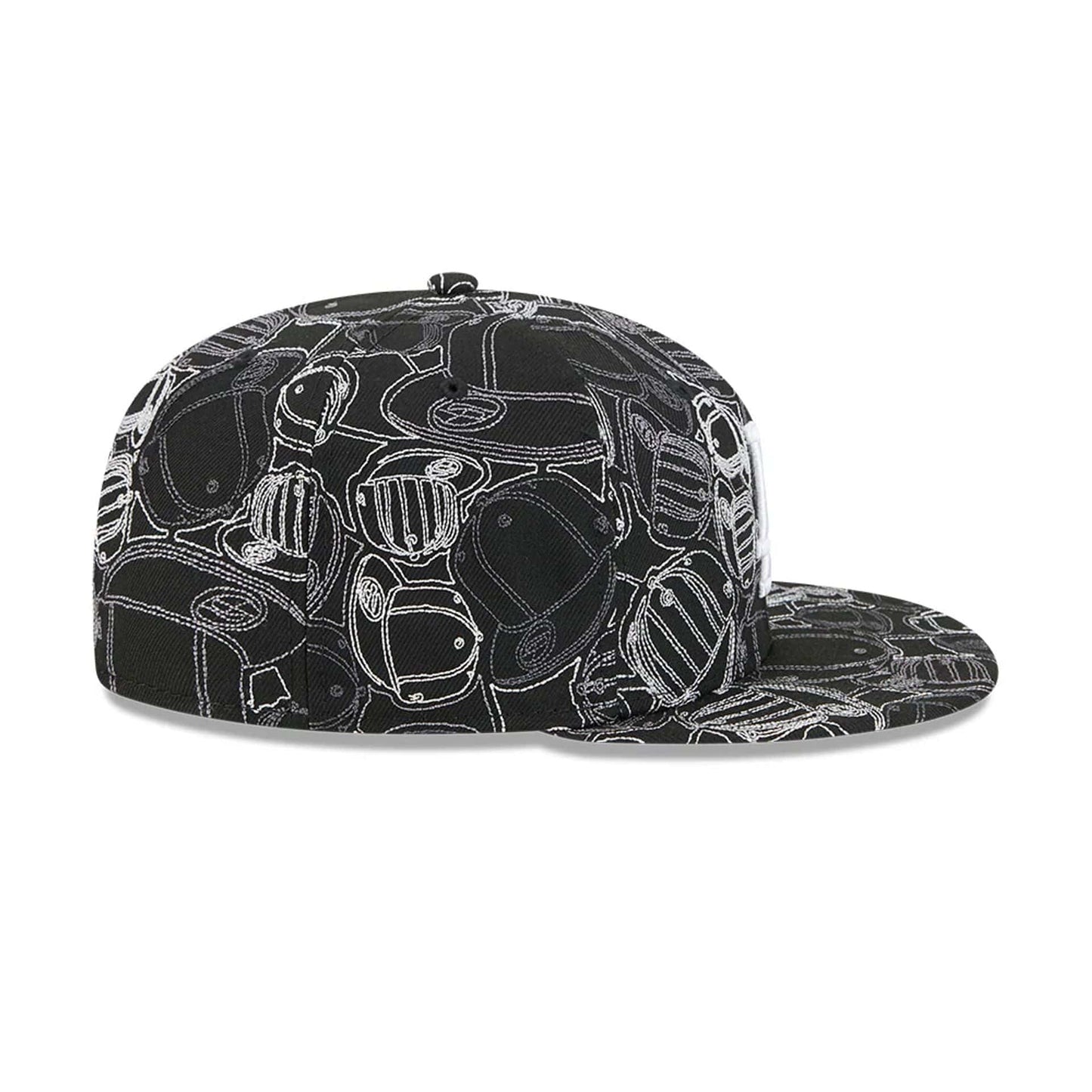 LA Dodgers MLB Cap Scramble Black New Era 59FIFTY Fitted Cap, rear view featuring intricate white line art of caps throughout the black fabric, with the MLB Batterman logo placed in the centre of the back panels.