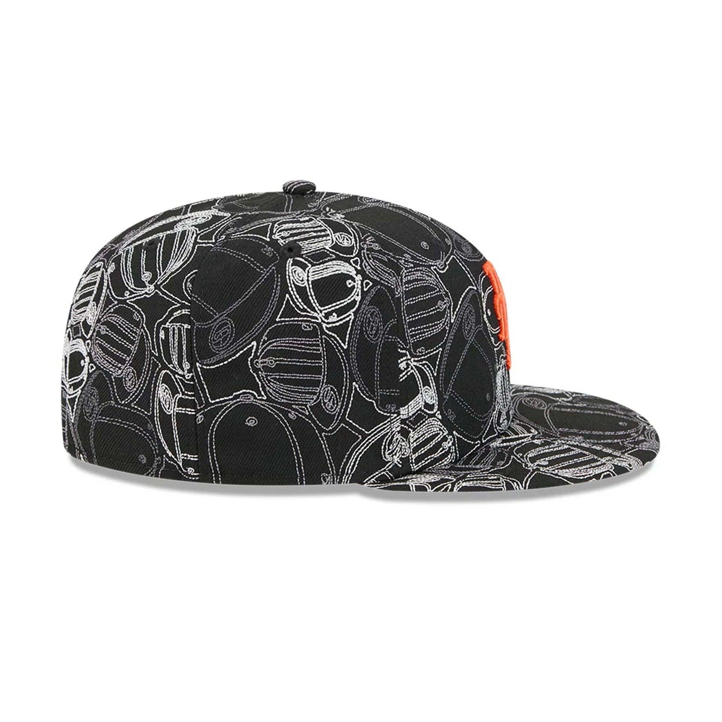 New York Mets MLB Cap Scramble Black New Era 59FIFTY Fitted Cap, side view showing an orange embroidered Mets logo on the front panel and an all-over scramble graphic pattern on the black structured crown and flat visor.