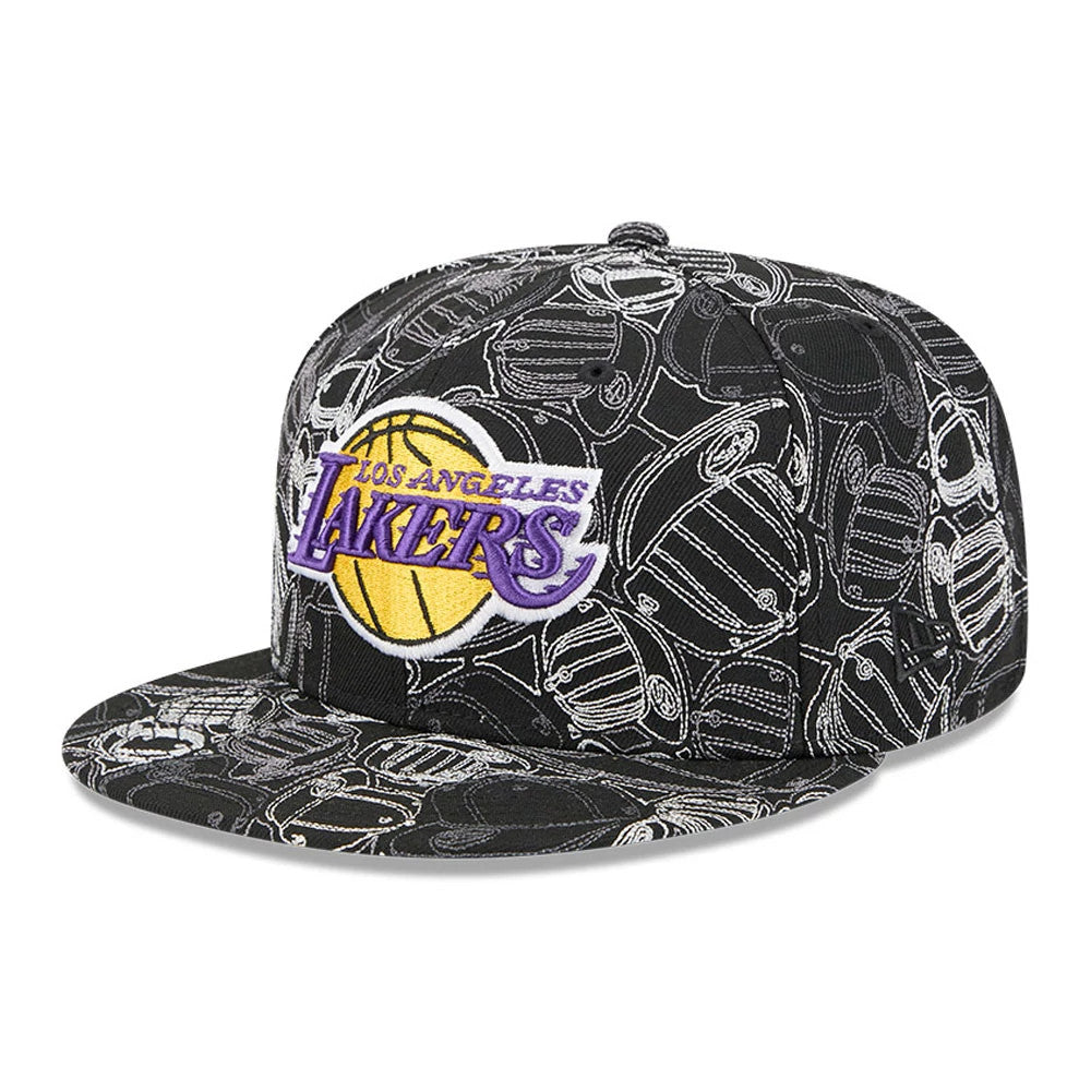 LA Lakers NBA Cap Scramble Black New Era 59FIFTY Fitted Cap, three-quarter view showing the purple and gold Lakers logo in raised embroidery on a black crown with complex line patterning, flat visor and New Era flag logo on the left side.