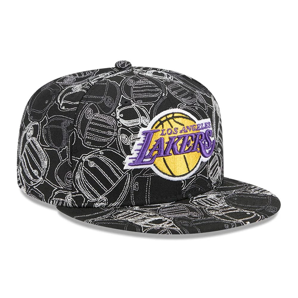 LA Lakers NBA Cap Scramble Black New Era 59FIFTY Fitted Cap, three-quarter view showing the purple and gold Lakers logo with raised embroidery on the structured black crown, featuring a white outlined cap pattern across panels and visor.