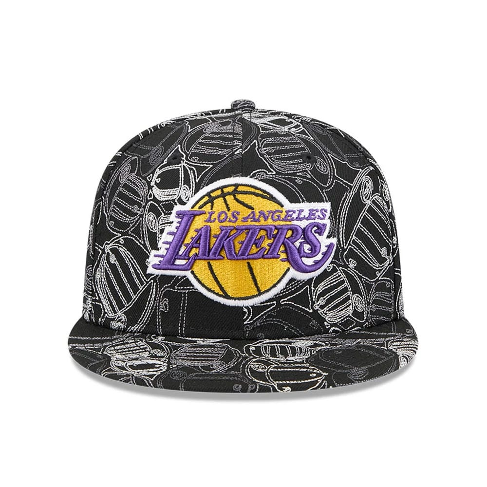 LA Lakers NBA Cap Scramble Black New Era 59FIFTY Fitted Cap, front view showing a large purple and gold embroidered team logo on the front panel with a black and white scribble pattern covering the entire cap and visor.