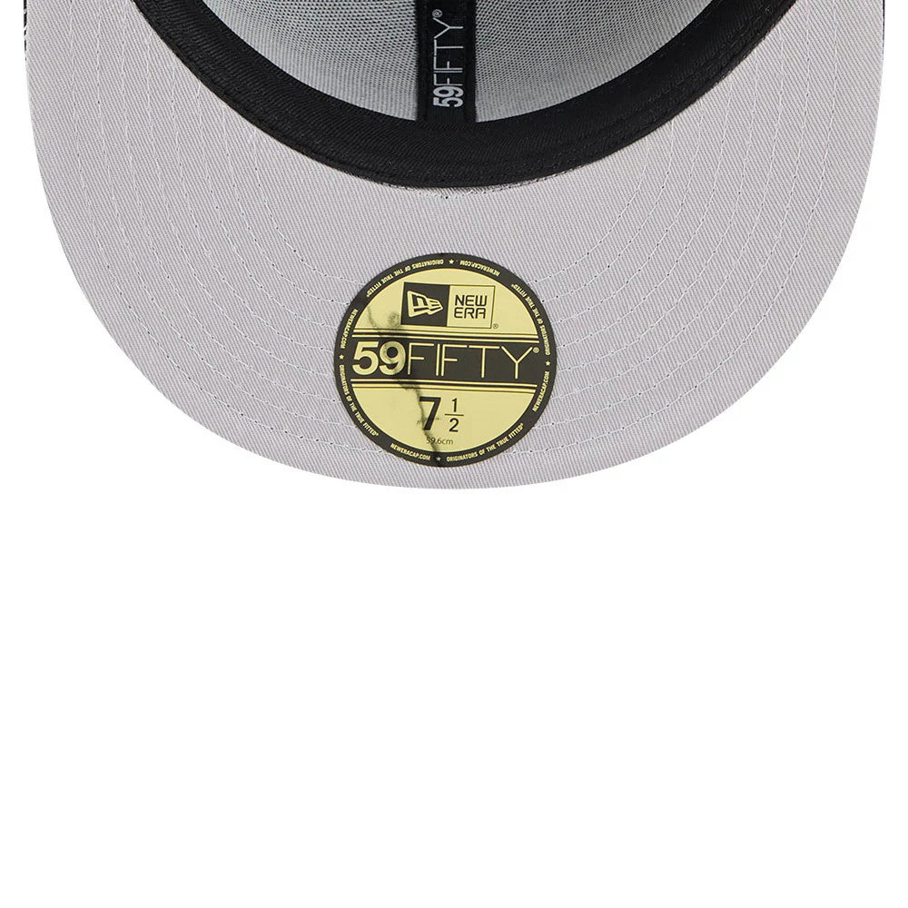 LA Lakers NBA Cap Scramble Black New Era 59FIFTY Fitted Cap, inside view showing the grey undervisor with a gold 59FIFTY size sticker, bordered by a black sweatband and 59FIFTY-branded taping across the crown.