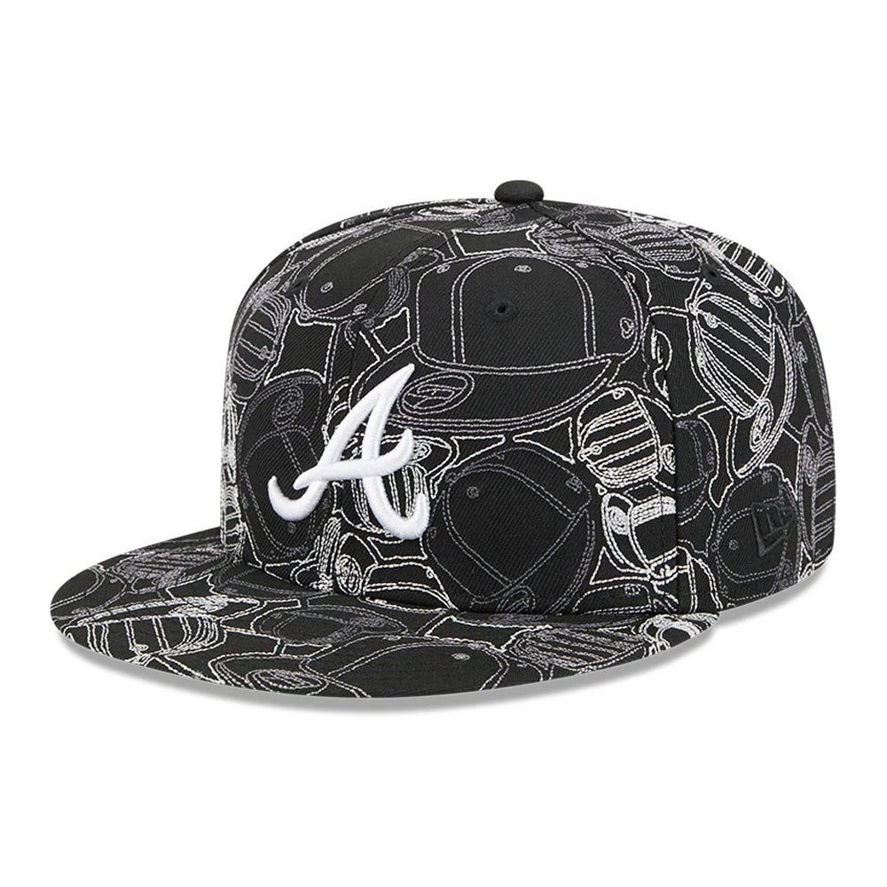 Atlanta Braves MLB Cap Scramble Black New Era 59FIFTY Fitted Cap, three-quarter view showing a white embroidered A logo on the front panel, black visor with hat graphic pattern, and New Era flag logo on the left side.