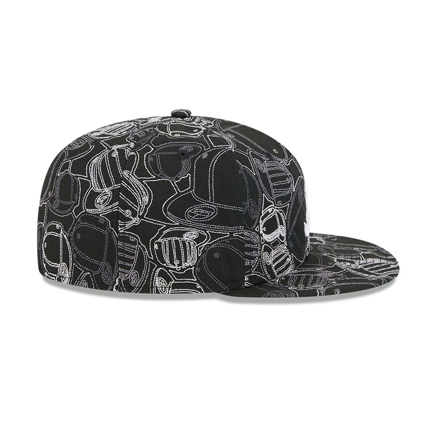 Atlanta Braves MLB Cap Scramble Black New Era 59FIFTY Fitted Cap, side view showing the white outlined cap graphics across the entire black structured crown and visor with a slight curve.