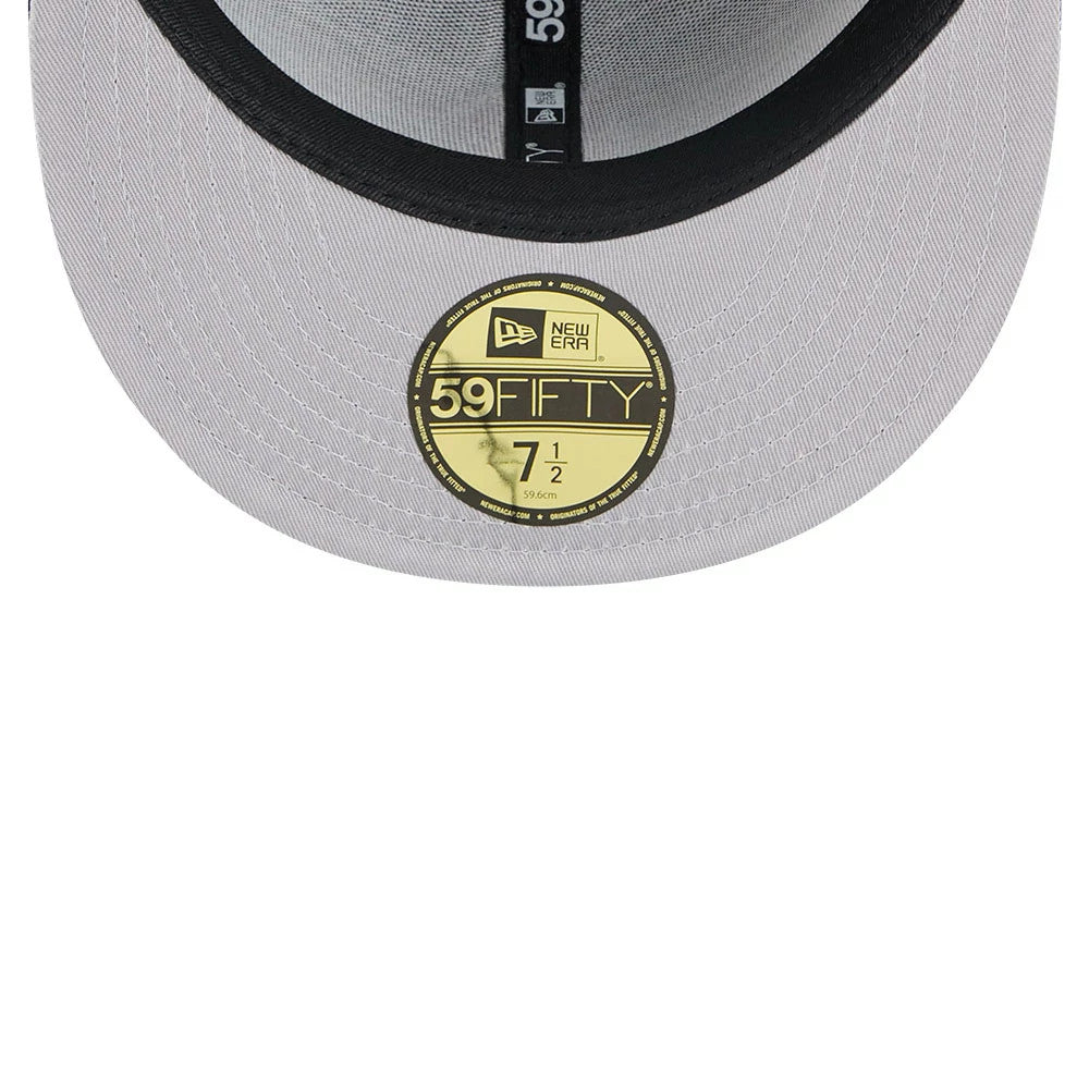 Boston Red Sox MLB Cap Scramble Black New Era 59FIFTY Fitted Cap, inside view showing the grey undervisor, gold 59FIFTY size sticker, black sweatband, and branded taping running across the interior crown.