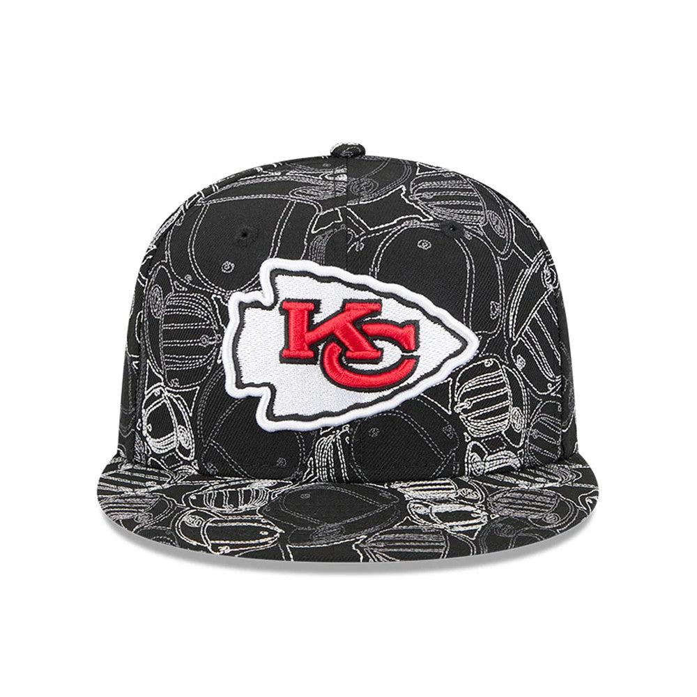 Kansas City Chiefs NFL Cap Scramble Black New Era 59FIFTY Fitted Cap, front view with a red and white Chiefs logo in raised embroidery on the front panel, showcasing a detailed black and white scramble pattern across the crown and visor.