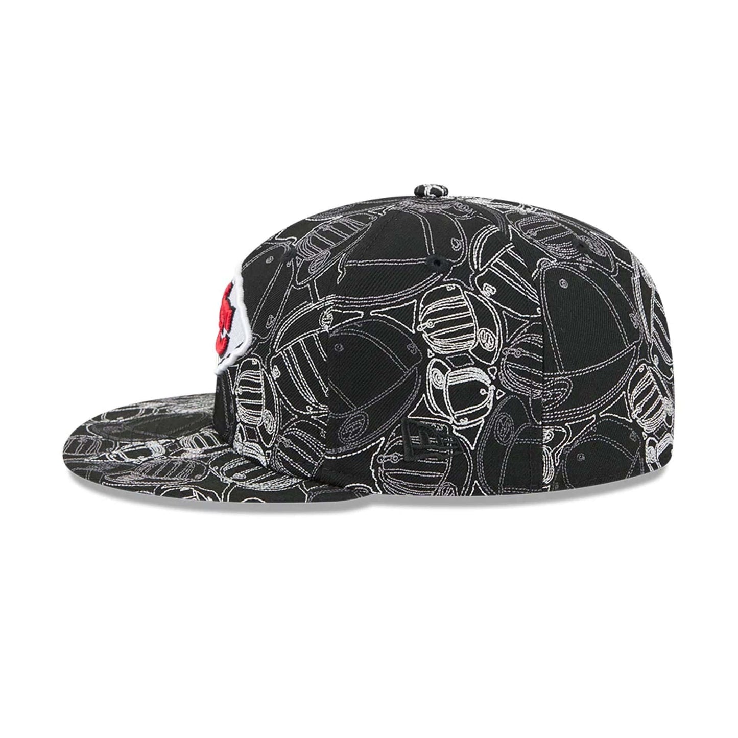 Kansas City Chiefs NFL Cap Scramble Black New Era 59FIFTY Fitted Cap, side view showing the intricate white cap pattern across the panels and visor, with a red and white Chiefs logo on the front panel and New Era flag logo on the left side.