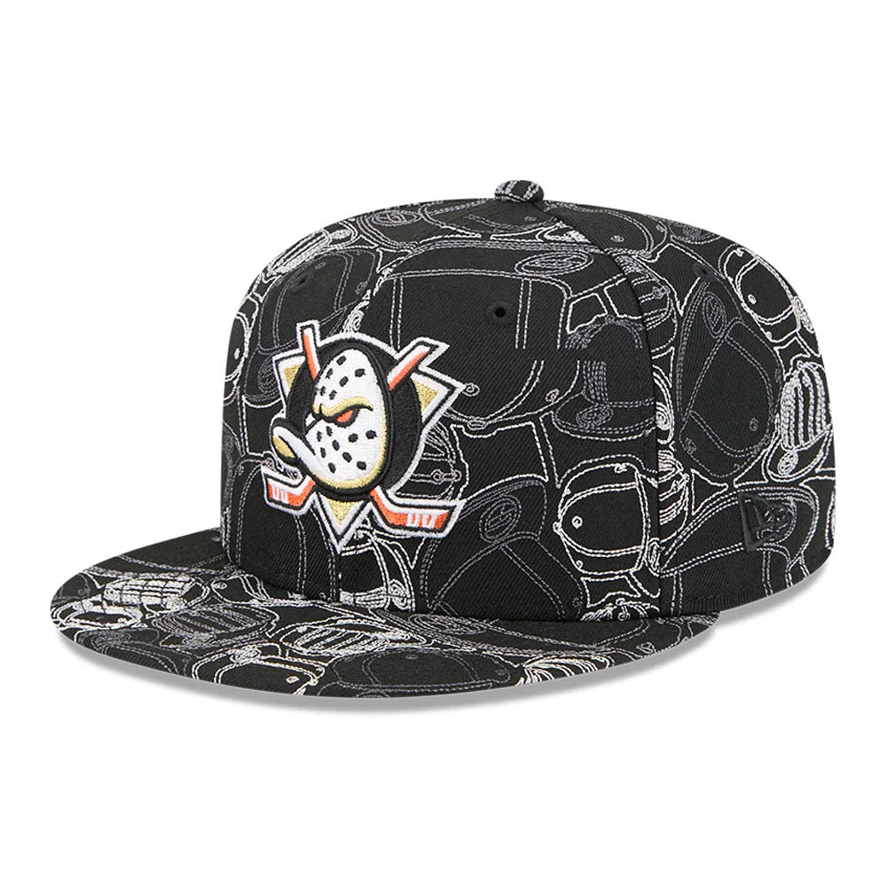 Anaheim Ducks NHL Cap Scramble Black New Era 59FIFTY Fitted Cap, front view showing a large embroidered team logo in white, orange, and yellow on the front panel with an all-over grey cap graphic pattern and a flat black visor.