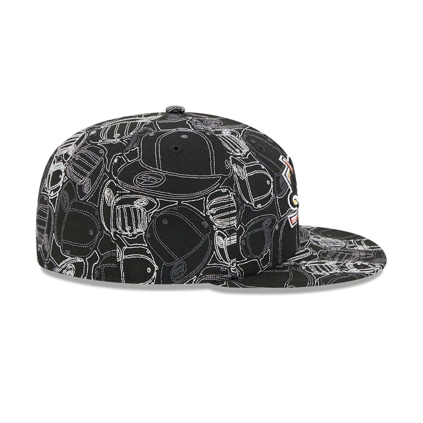 Anaheim Ducks NHL Cap Scramble Black New Era 59FIFTY Fitted Cap, side view showcasing the intricate white embroidered cap pattern on the black fabric and the New Era flag logo on the left side with a flat visor.