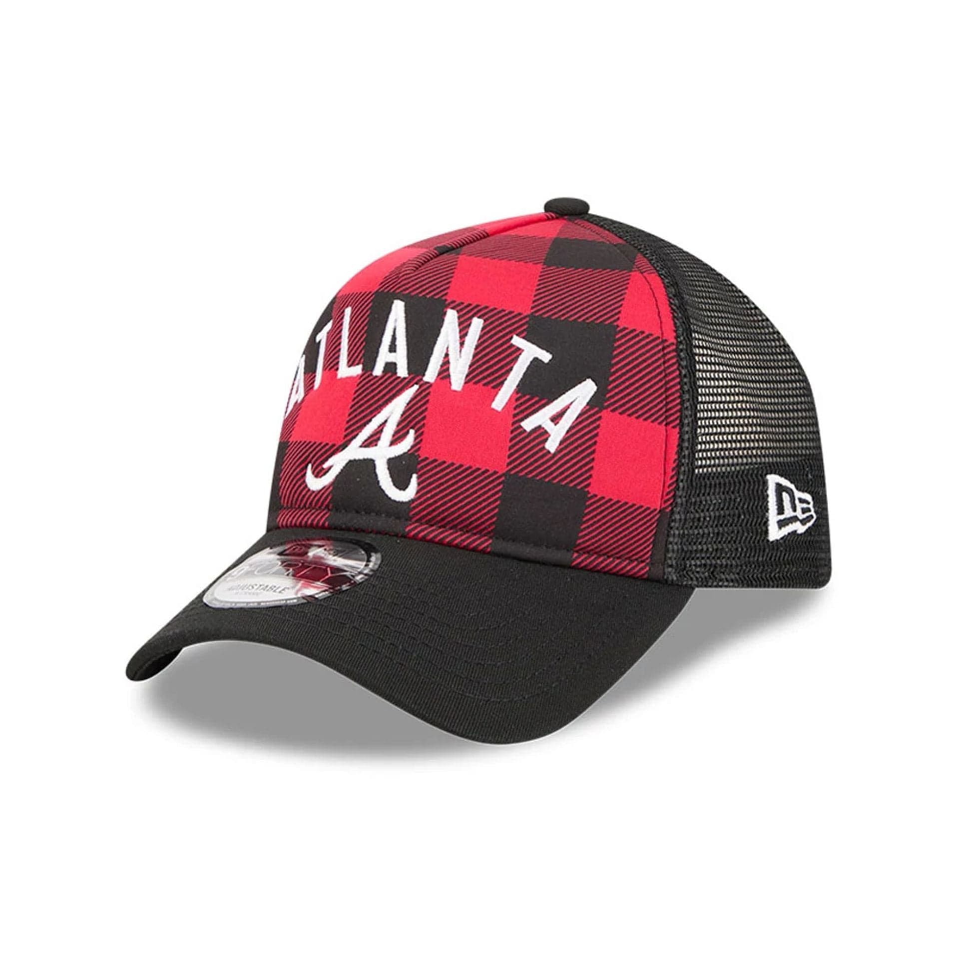 Pictured is this MLB Novelty Check Atlanta Braves 9FORTY A-Frame cap in black. 1
