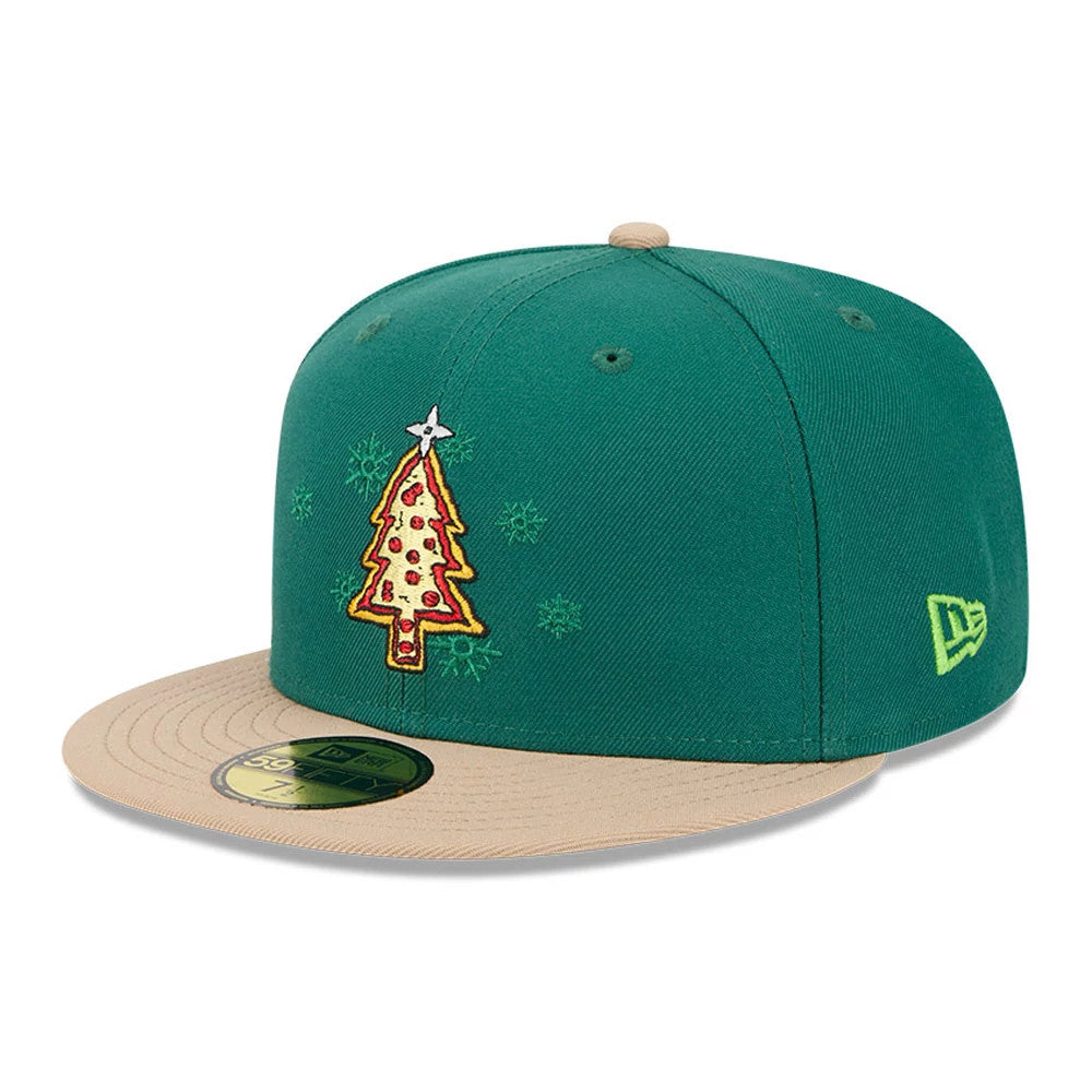 Teenage Mutant Ninja Turtles Pizza Tree Green New Era 59FIFTY Fitted Cap, three-quarter view showing a yellow pizza tree graphic with red details on the front panel, tan flat visor with gold 59FIFTY size sticker.