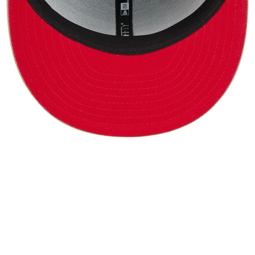 Teenage Mutant Ninja Turtles Pizza Tree Green New Era 59FIFTY Fitted Cap, inside view showing red undervisor, black sweatband and branded taping across the centre of the structured crown.