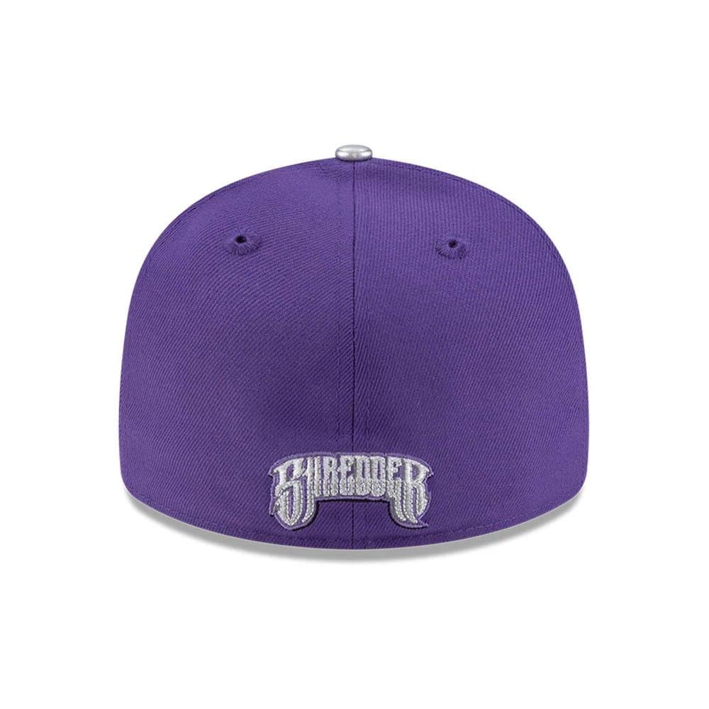 Teenage Mutant Ninja Turtles Shredder Purple New Era 59FIFTY Fitted Cap, rear view showing the Shredder logo embroidered in silver on the structured purple crown, with matching purple eyelets and top button.