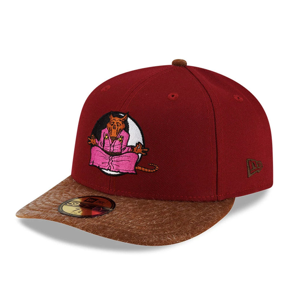 Teenage Mutant Ninja Turtles Splinter Dark Red New Era 59FIFTY Fitted Cap, three-quarter view showing the embroidered Splinter graphic on the front panel, brown textured visor with a gold 59FIFTY size sticker, and the New Era flag on the left side.