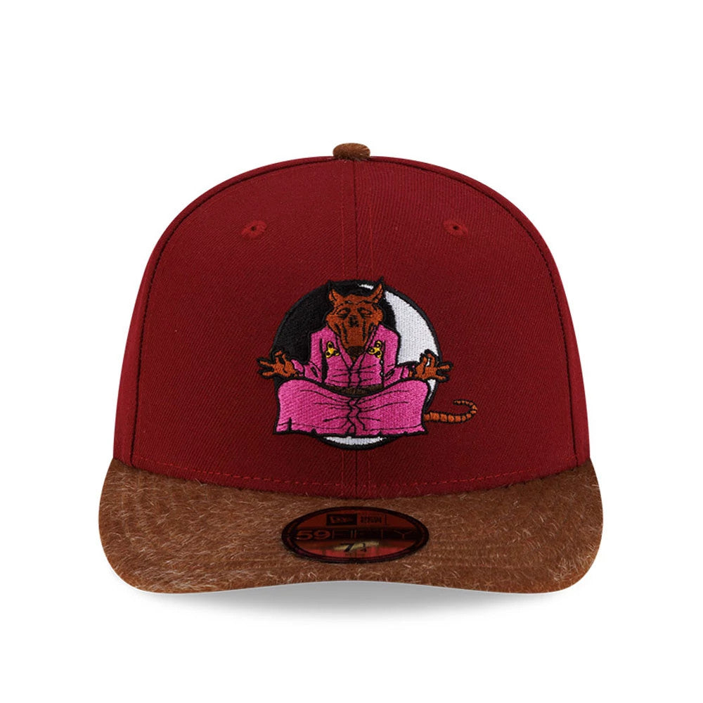 Teenage Mutant Ninja Turtles Splinter Dark Red New Era 59FIFTY Fitted Cap, front view with a brown flat visor and embroidered Splinter logo in pink on the front panel, plus a gold 59FIFTY size sticker on the visor.