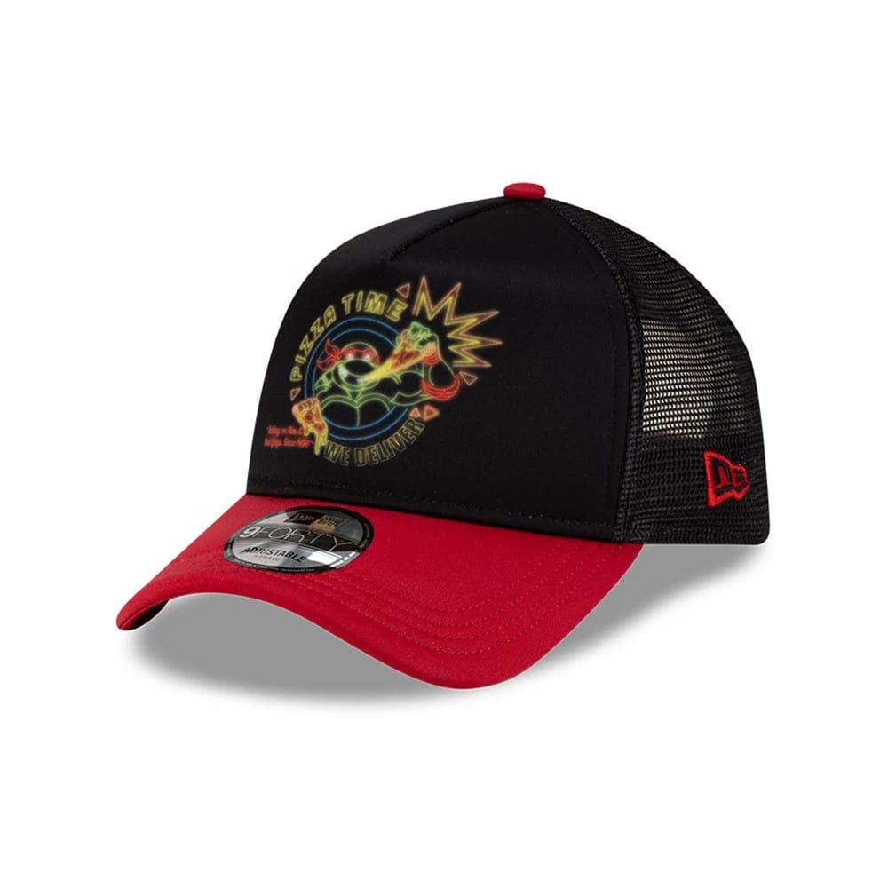 Teenage Mutant Ninja Turtles Neon Sign Black New Era 9FORTY A-Frame Adjustable Cap, three-quarter view showing a neon effect pizza time graphic on the front panel, red curved visor with a 9FORTY size sticker.