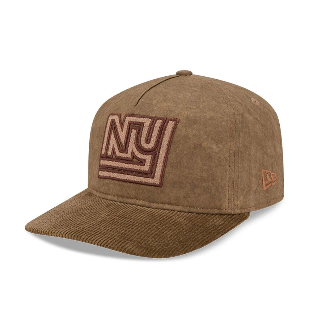 New York Giants NFL Utility Linen Open Brown New Era 19TWENTY Adjustable Cap, three-quarter view showing the raised brown NY logo on the front panel and the New Era flag logo on the left side, with a textured brown visor.