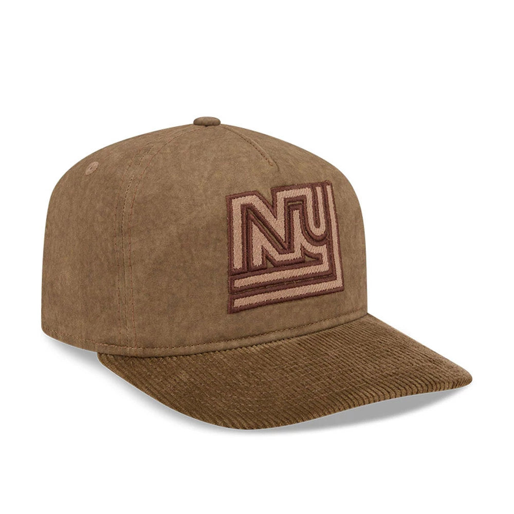 New York Giants NFL Utility Linen Open Brown New Era 19TWENTY Adjustable Cap, three-quarter view showing the brown raised embroidered NY logo on the front panel, with a matching textured brown visor and top button.