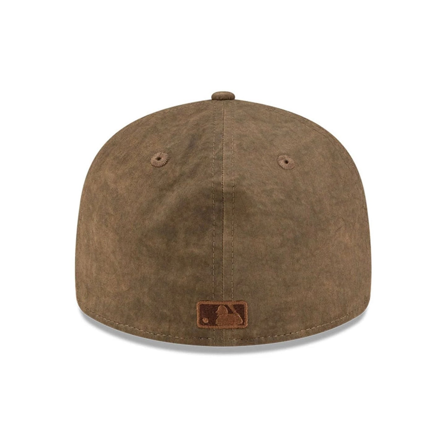 New York Yankees MLB Open Brown Retro Crown New Era 59FIFTY Fitted Cap, rear view showing a brown embroidered MLB Batterman logo at the centre of the back panels, with seam details and matching eyelets on the brown crown.