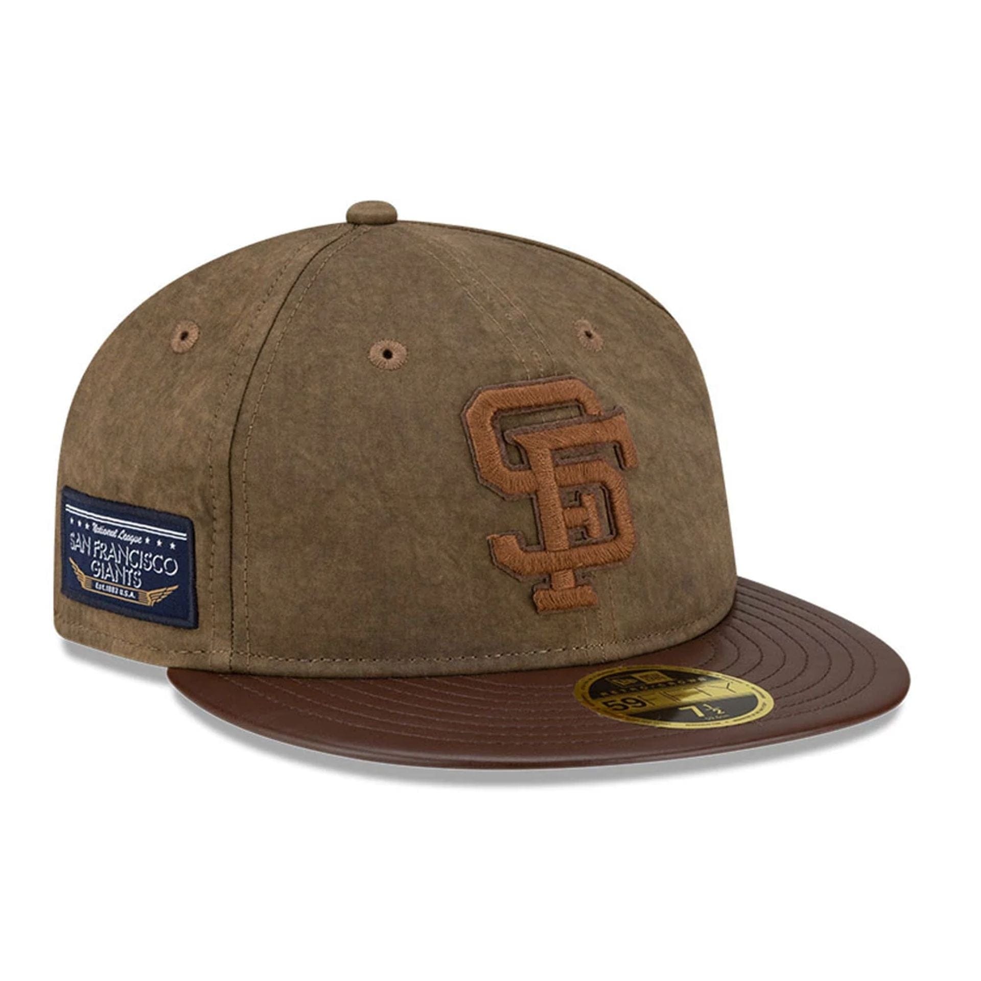 Pictured is this MLB Utility Linen San Francisco Giants Retro Crown 59FIFTY Fitted cap in open brown. 1