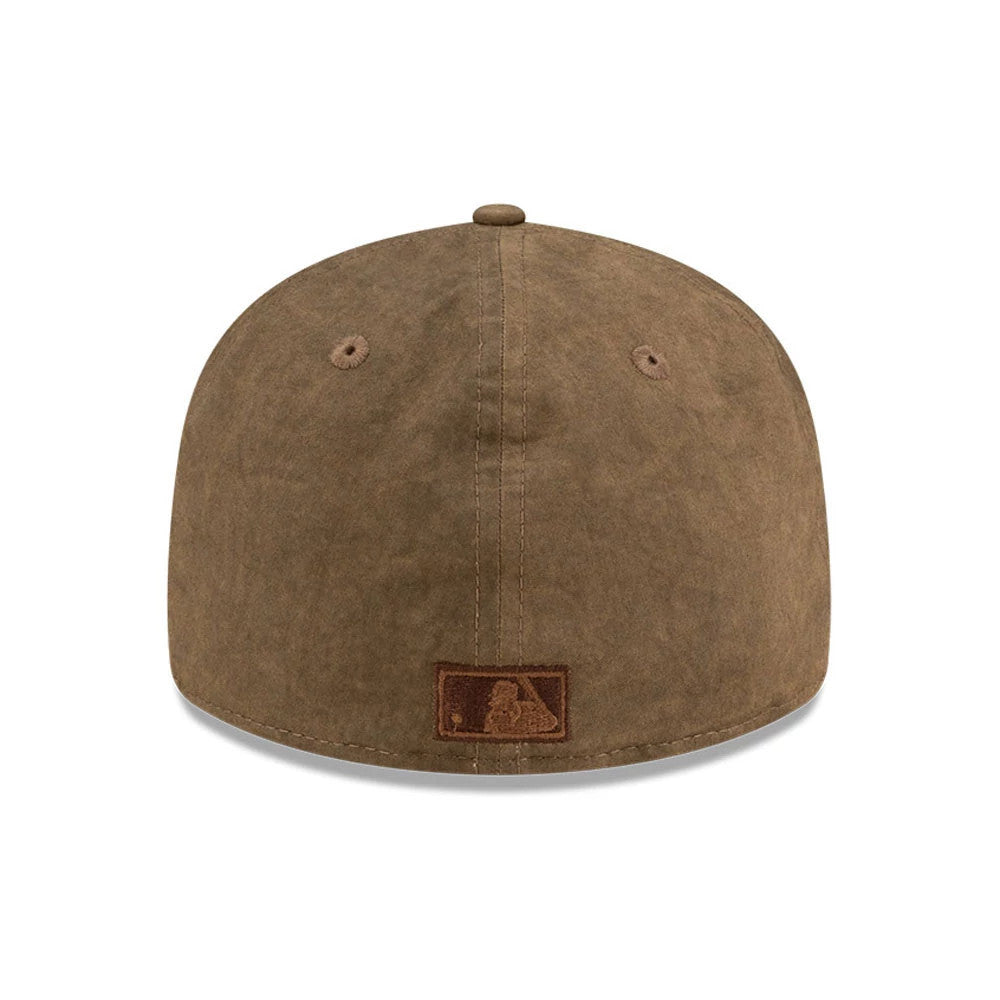 Detroit Tigers MLB Open Brown Retro Crown New Era 59FIFTY Fitted Cap, rear view showing the brown MLB Batterman logo at the centre of the back panels, with matching brown top button and eyelets on the soft structured crown.