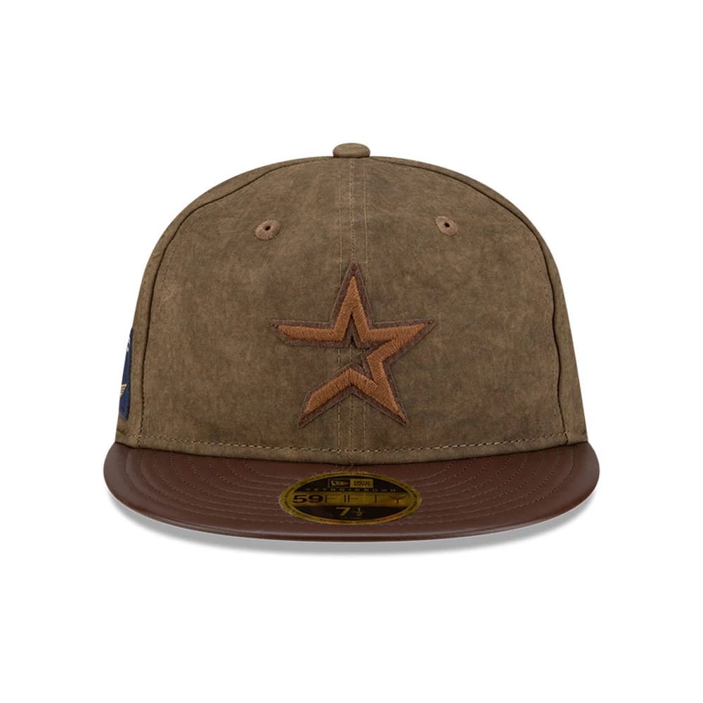 Houston Astros MLB Open Brown Retro Crown New Era 59FIFTY Fitted Cap, front view showing a brown embroidered star logo on the front panel with a matching brown flat visor and gold 59FIFTY size sticker.