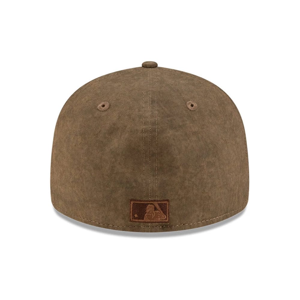 Houston Astros MLB Open Brown Retro Crown New Era 59FIFTY Fitted Cap, rear view showing the brown embroidered MLB Batterman logo at the centre of the back panels, with matching brown eyelets and a rustic textured finish on the crown.
