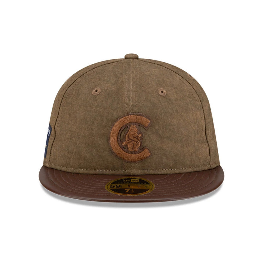 Chicago Cubs MLB Open Brown Retro Crown New Era 59FIFTY Fitted Cap, front view showing the brown embroidered Cubs logo on the front panel, with a flat brown visor and a gold 59FIFTY size sticker.