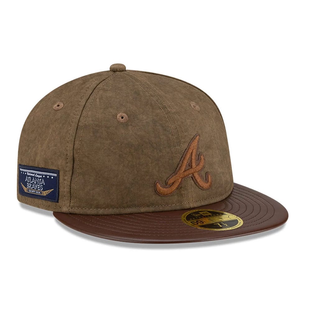 Atlanta Braves MLB Open Brown Retro Crown New Era 59FIFTY Fitted Cap, front view showing raised brown embroidered logo on the structured brown crown, a dark brown flat visor, and a gold 59FIFTY size sticker.