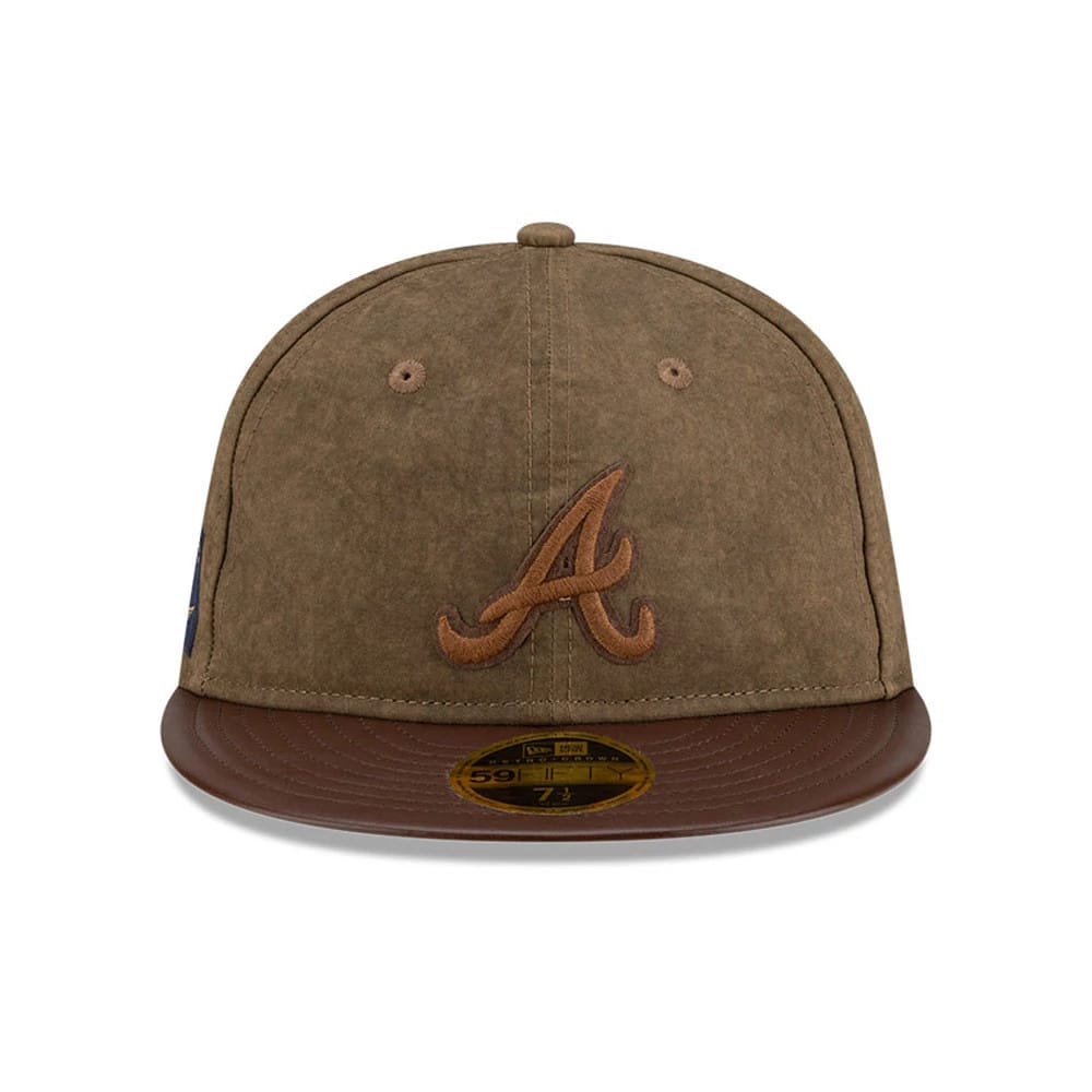 Atlanta Braves MLB Open Brown Retro Crown New Era 59FIFTY Fitted Cap, front view showing the raised brown embroidered A logo on the soft structured crown, with a matching brown flat visor and gold 59FIFTY size sticker.
