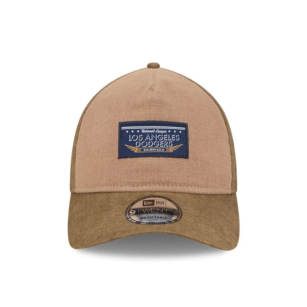 LA Dodgers MLB Utility Linen Open Brown New Era 9TWENTY A-Frame Adjustable Cap, front view showing a blue Los Angeles Dodgers logo on the front panel, curved brown visor, and 9TWENTY size sticker.