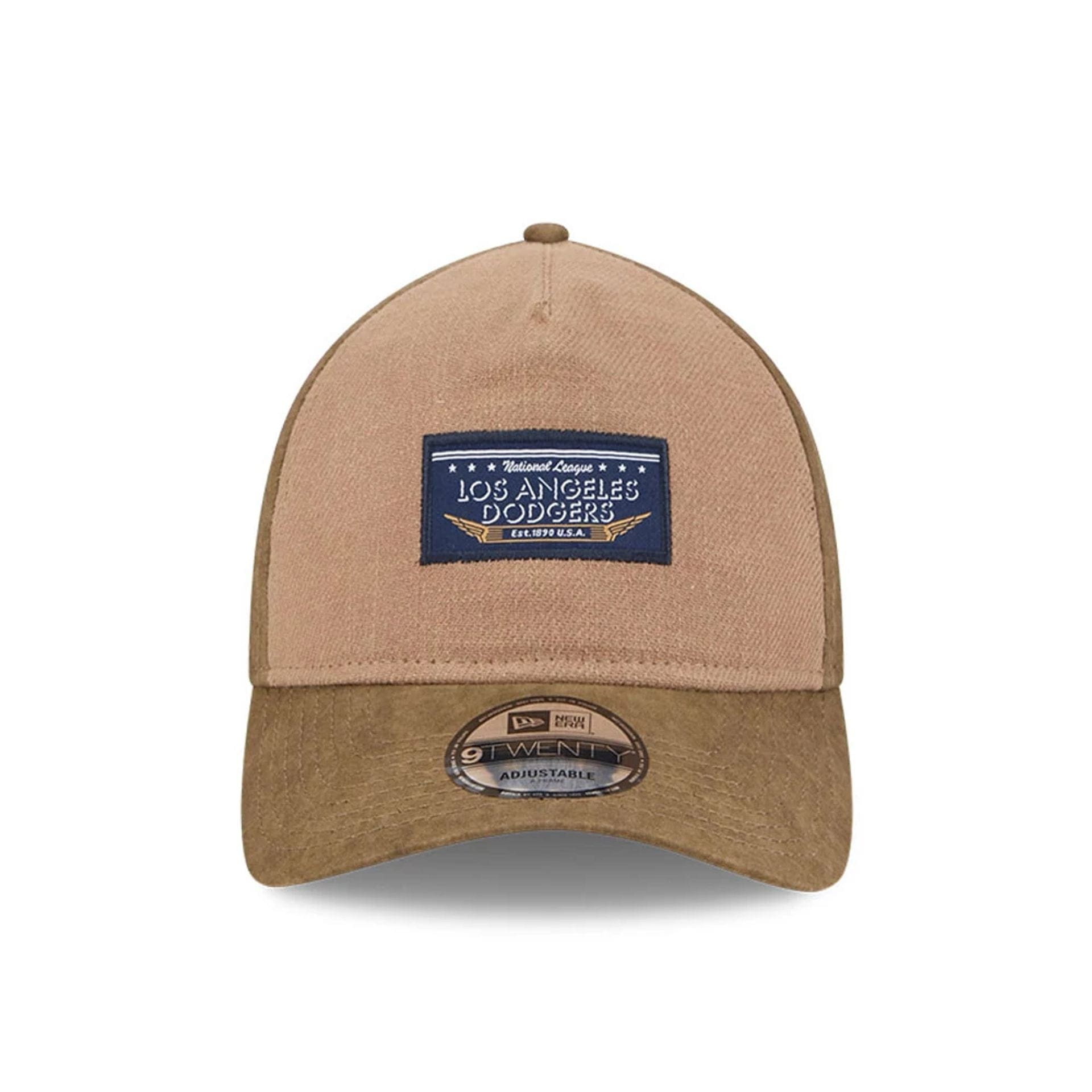 Pictured is this MLB Utility Linen LA Dodgers 9TWENTY A-Frame cap in open brown. 2