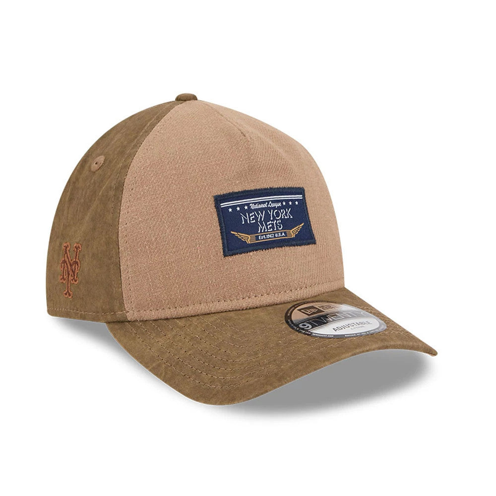 Pictured is this MLB Utility Linen New York Mets 9TWENTY A-Frame cap in open brown. 1