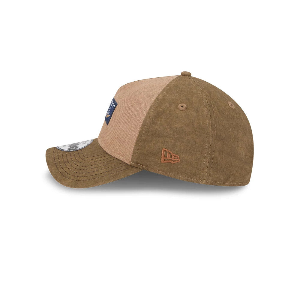 Chicago White Sox MLB Open Brown New Era 9TWENTY A-Frame Adjustable Cap, side view with an embroidered New Era flag logo on the left side, showing a brown visor with a curved shape and a 9TWENTY size sticker.