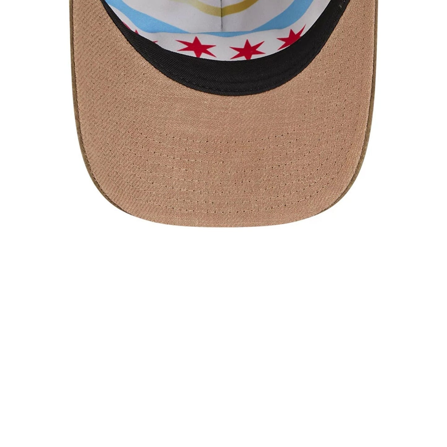 Chicago White Sox MLB Open Brown New Era 9TWENTY A-Frame Adjustable Cap, inside view showing the multicoloured underlining with red stars along the seam, black sweatband, and a light brown curved visor.