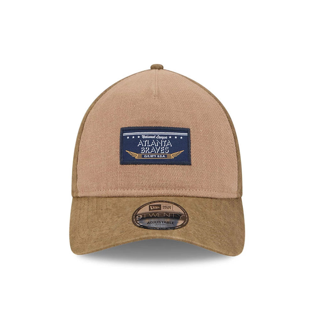 Atlanta Braves MLB Open Brown New Era 9TWENTY A-Frame Adjustable Cap, front view showing a navy embroidered patch with team name on the tan front panel above the brown curved visor with a 9TWENTY size sticker.