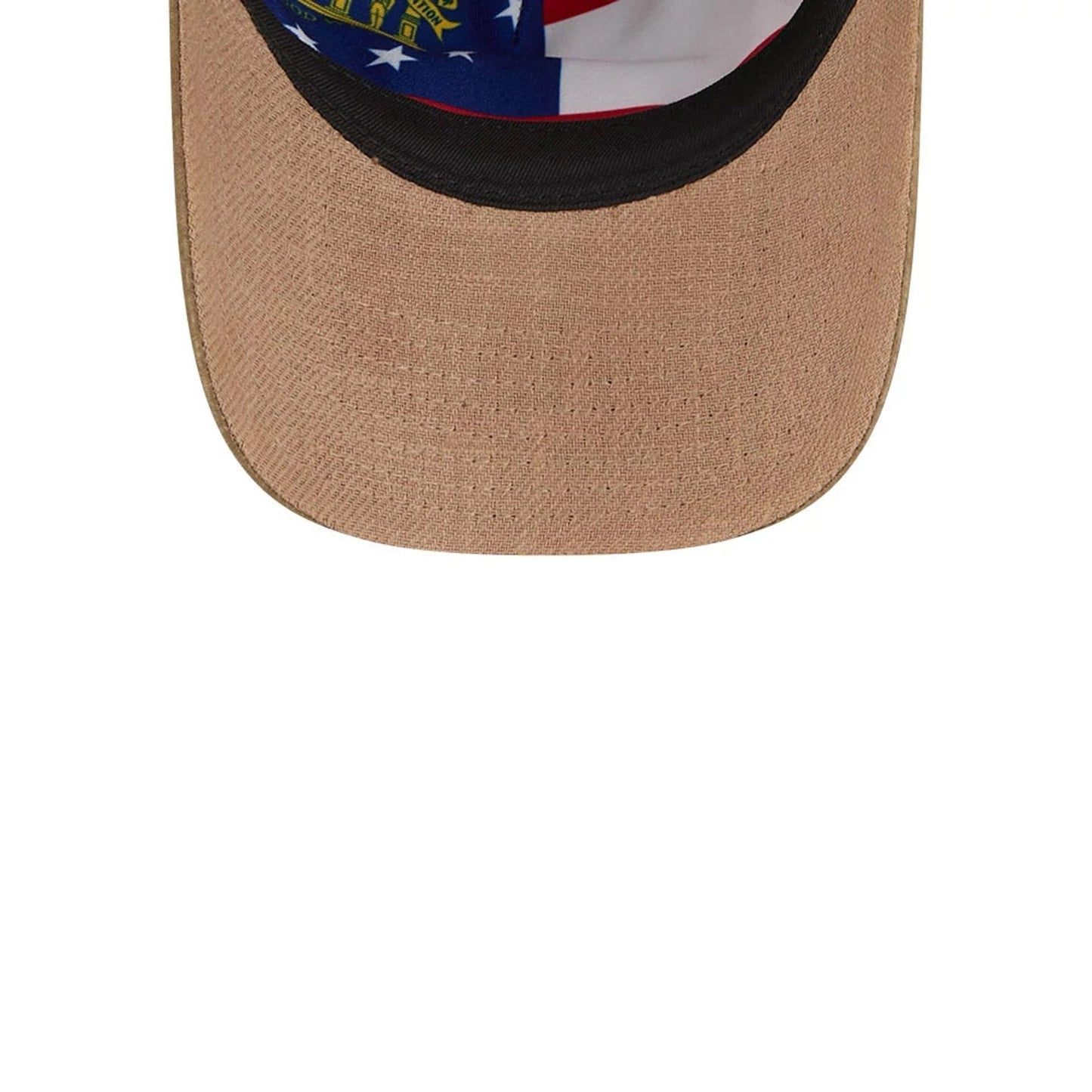 Atlanta Braves MLB Open Brown New Era 9TWENTY A-Frame Adjustable Cap, inside view showing a brown visor with a Georgia state flag pattern on the fabric lining and a black sweatband edge.
