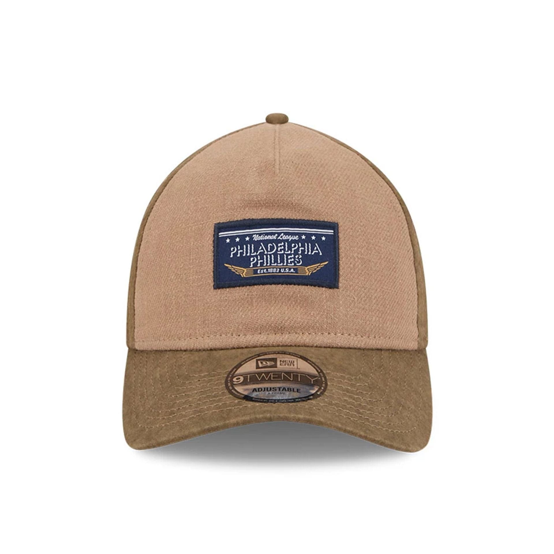 Pictured is this MLB Utility Linen Philadelphia Phillies 9TWENTY A-Frame cap in open brown. 2