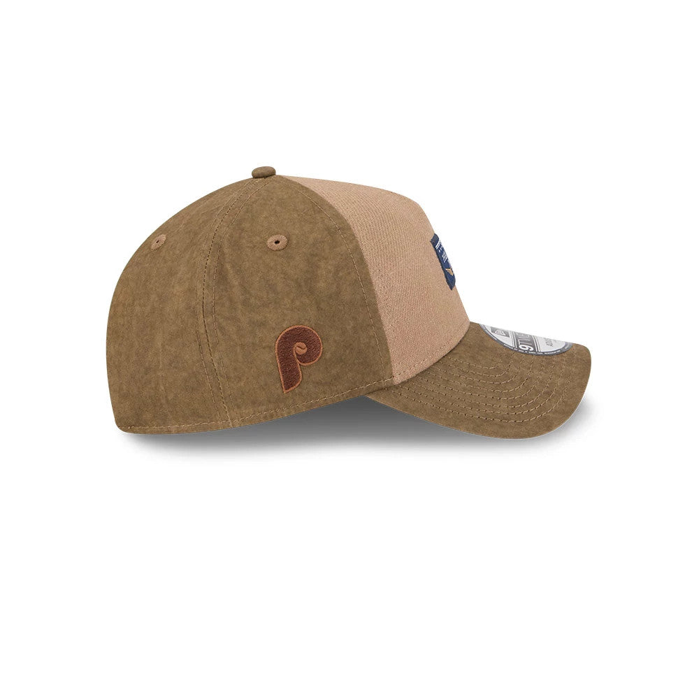 Philadelphia Phillies MLB Open Brown New Era 9TWENTY A-Frame Adjustable Cap, side view showing a brown embroidered Phillies logo on the left side, with an unstructured crown and a pre-curved brown visor featuring a 9TWENTY size sticker.
