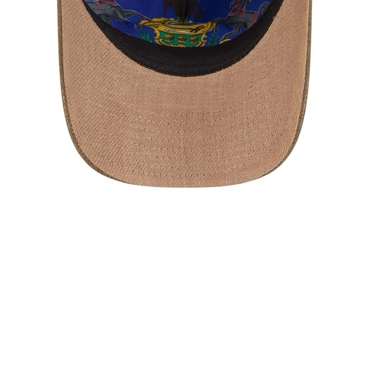 Philadelphia Phillies MLB Open Brown New Era 9TWENTY A-Frame Adjustable Cap, inside view showing a colourful graphic on the blue undervisor, contrasting with the tan visor and black sweatband.